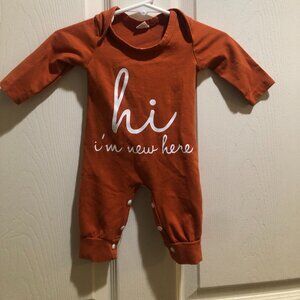 Boho "Hi I’m New Here" Rust Orange Long Sleeve Baby Romper